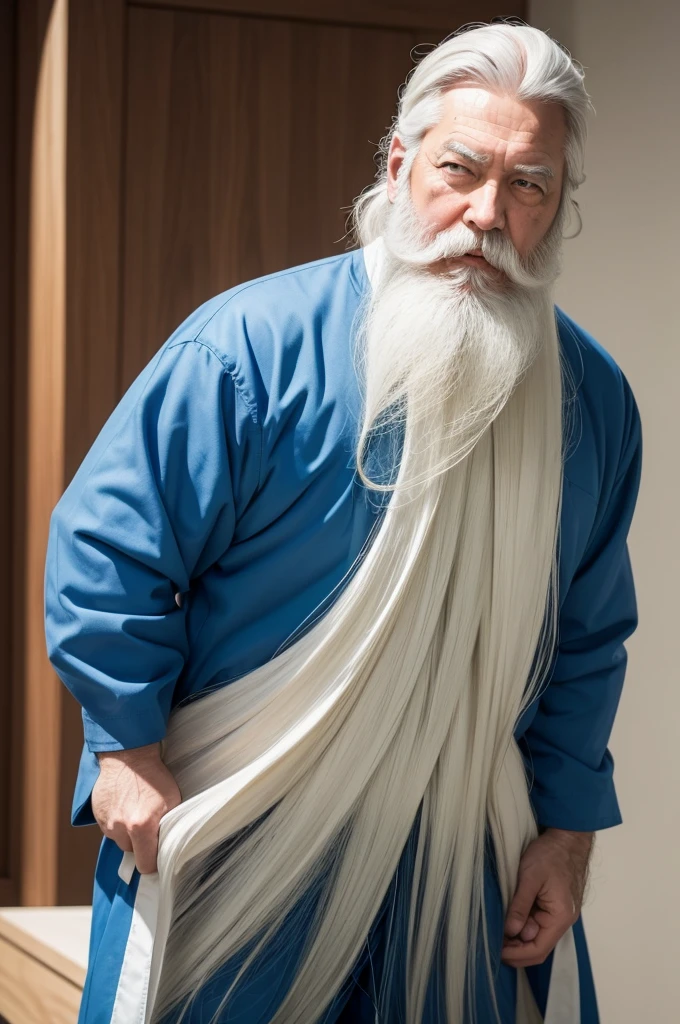I would like to create a sensei with a knee-length white beard standing teaching his students how to fight with blue clothes and shoulder-length straight hair with green eyes