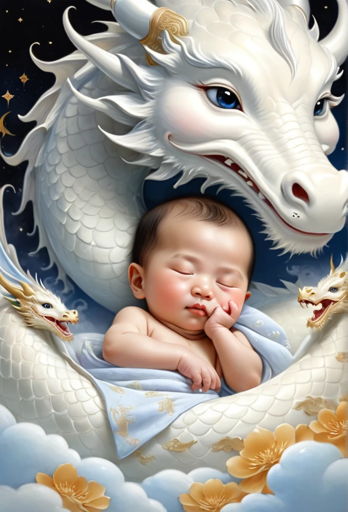A one-year-old Chinese baby boy,charming, round face,Sleeping on the white dragon bed, Zhu Lian's realistic paintings, Shutterstock Contest Winners, fantasy art, a dragon made of clouds, Chinese fantasy, Lying in Baiyun Wonderland,lens, style, Intricate and refined details, high quality,china boy,8K resolution, Fantasy illustrations, Close up, golden age illustrations