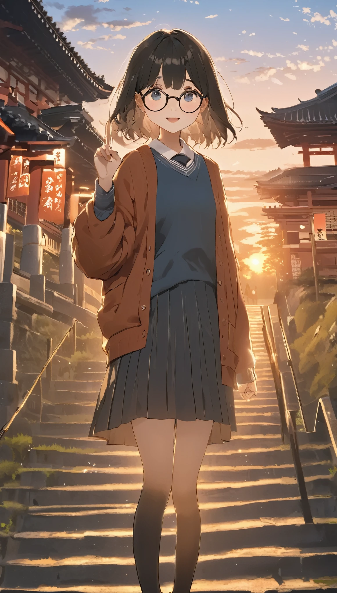 One Girl, (Sunset sky), Standing and waving, School Area, Rural Scenery, scenery, Round Glasses, School Cardigan, (Sleeves are longer than the wrist), Powerful loafers, Black ash two side up hair, Blunt bangs, Beautiful dark eyes, Black knee socks, Cinema Lighting, Upper Body, :3,Long staircase、torii、Historic shrine