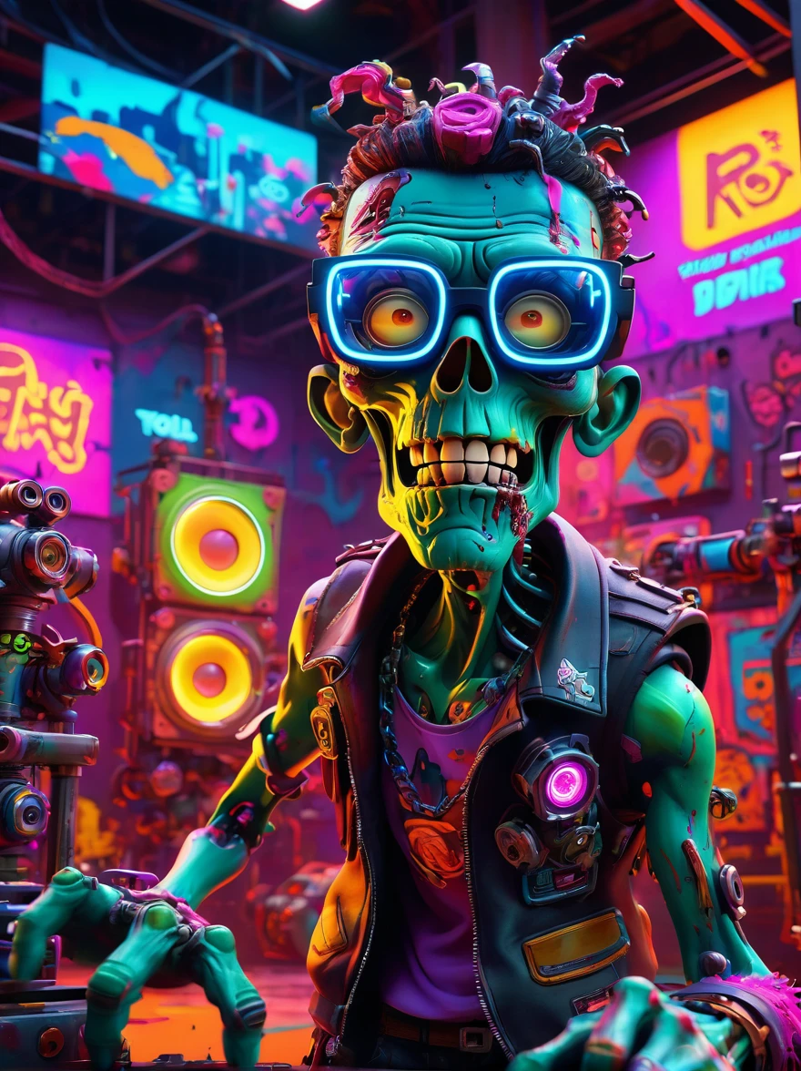 best quality, masterpiece, 3d, Pixar Artwork, Electronic variants, (Cartoon mechanical zombie with big glasses in the factory:1.5),in a dynamic dancing pose within a colorful virtual reality world teeming with neon lights and vibrant holograms, The scene bears the influences of both pop art and graffiti, a truly cyberpunk-inspired ensemble with explosive energy, created using digital painting methods and radiant, glowing effects