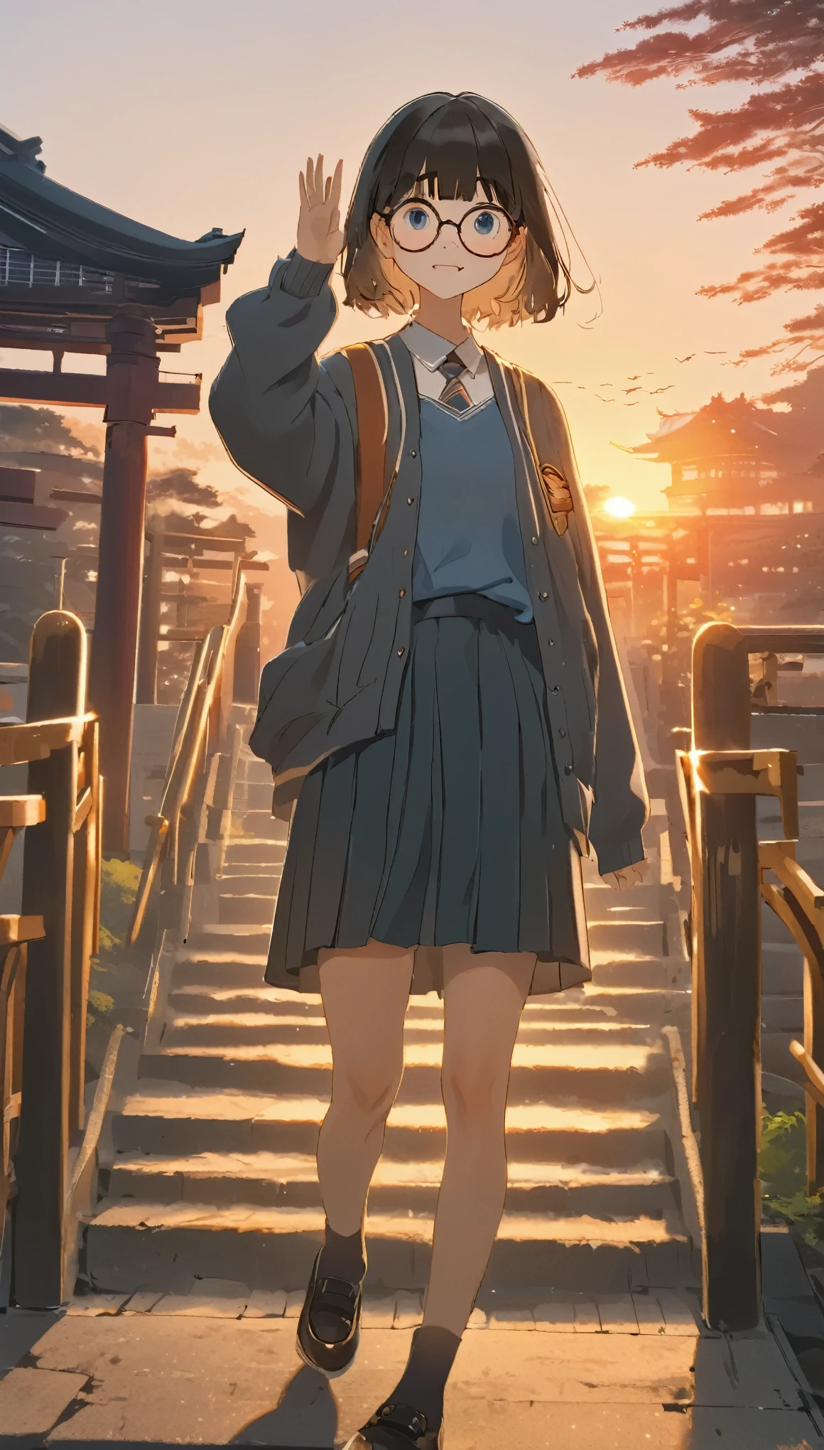 One Girl, (Sunset sky), Standing and waving, School Area, Rural Scenery, scenery, Round Glasses, School Cardigan, (Sleeves are longer than the wrist), Powerful loafers, Black ash two side up hair, Blunt bangs, Beautiful dark eyes, Black knee socks, Cinema Lighting, Upper Body, :3,Long staircase、torii、Historic shrine