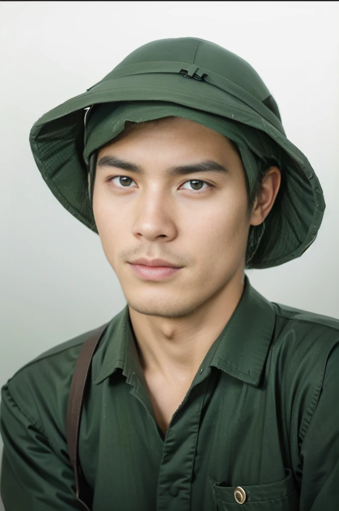 Highly realistic photo, ((masterpiece), (best quality), (raw photo), (photorealistic:1.4), A young Vietnamese soldier from 1954, ((black short hair)), wearing a green uniform, and a mucoi, ((light blue background)), photo taken by Sony A7IV
