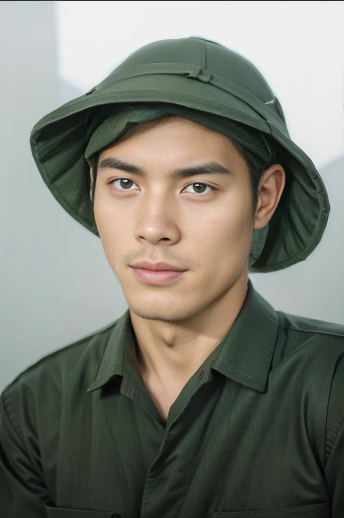 Highly realistic photo, ((masterpiece), (best quality), (raw photo), (photorealistic:1.4), A young Vietnamese soldier from 1954, ((black short hair)), wearing a green uniform, and a mucoi, ((light blue background)), photo taken by Sony A7IV
