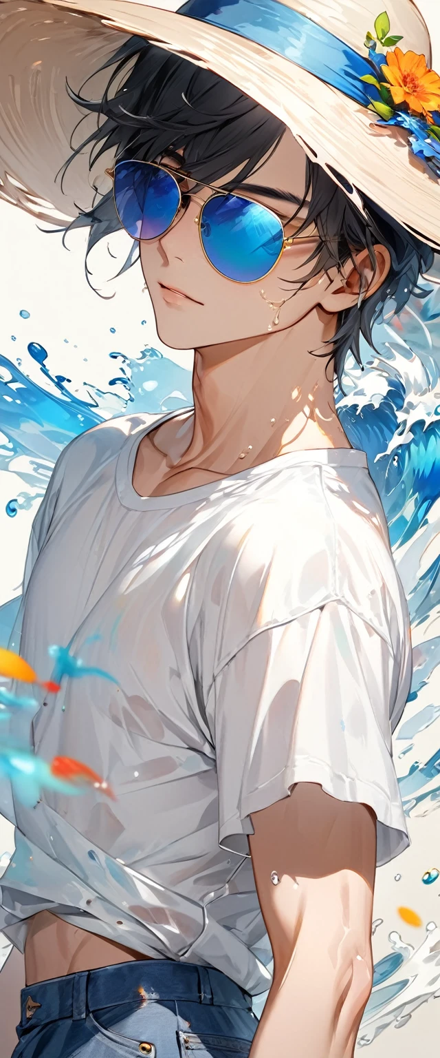 Oriental beautiful boy,sideways,Looking over the shoulder,White transparent real-life painting,Colorful water splash rendering,Facial texture is clear,Sun hat,loose white shirt,Blue distressed denim shorts,sunglasses,White sand background,messy strokes.Close-up of character( Perfect anatomical structure ) Beautiful and extremely fine texture,detailed, bright, Animation style high definition and high quality presentation