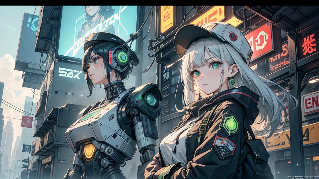 1 Girl, alone, colorful, Green Eyes, cyber punk, Mechanical Scrap Zone, Cityscape, Stud earrings, Long, messy white hair, Mechanical Hat, Mechanical Body, robotic Arm, Mecha, robot, Mechanical Maiden, Neon Light, Beautiful light, Character Focus, CG illustration, Bust Shot, 8K resolution, Very detailed, Anatomically correct, Digital Painting, Concept Art, Clear images