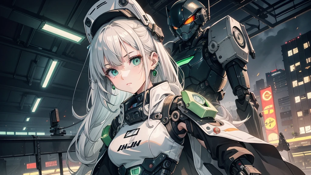 1 Girl, alone, colorful, Green Eyes, cyber punk, Mechanical Scrap Zone, Cityscape, Stud earrings, Long, messy white hair, Mechanical Hat, Mechanical Body, robotic Arm, Mecha, robot, Mechanical Maiden, Neon Light, Beautiful light, Character Focus, CG illustration, Bust Shot, 8K resolution, Very detailed, Anatomically correct, Digital Painting, Concept Art, Clear images