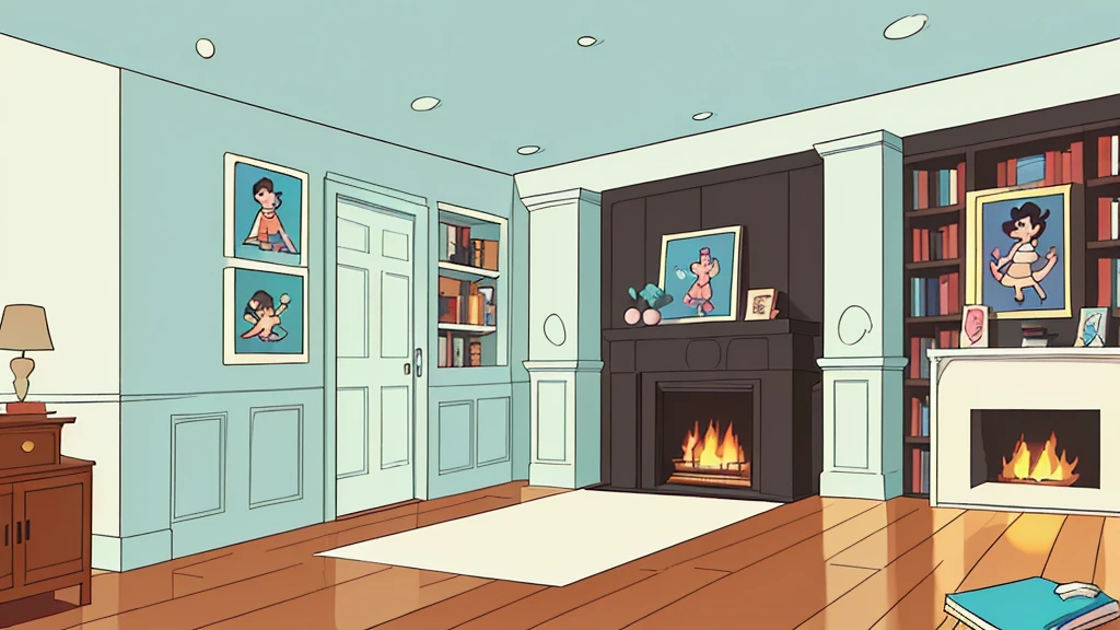 Disney cartoon style, a stylish and classic room in the 1960s in America, with a wooden baseboard, a plain floor, one wall of the room is covered with a classic wooden bookcase that is full of books, a stylish fireplace in be a room .