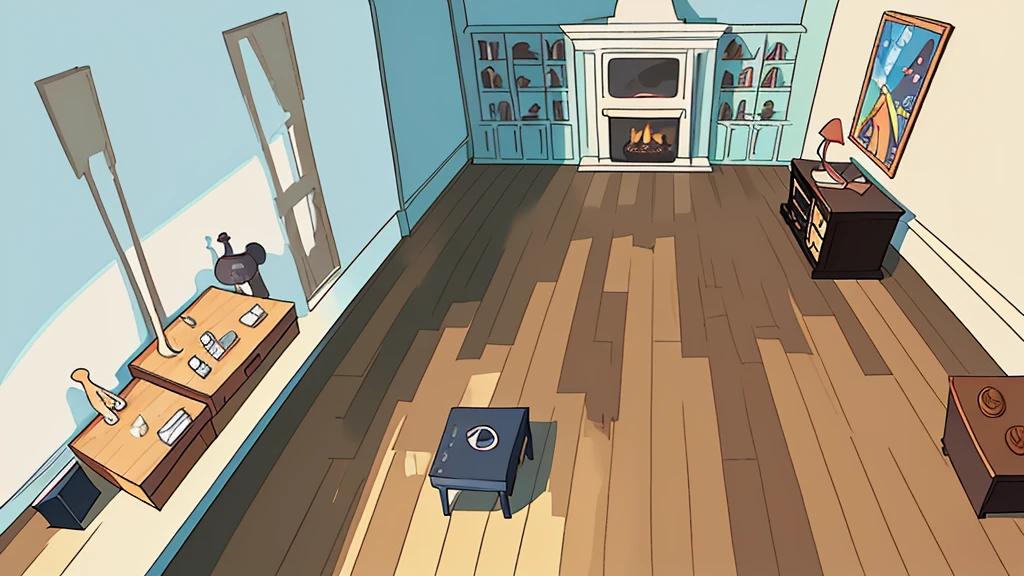Disney cartoon style, a stylish and classic room in the 1960s in America, with a wooden baseboard, a plain floor, one wall of the room is covered with a classic wooden bookcase that is full of books, a stylish fireplace in be a room .