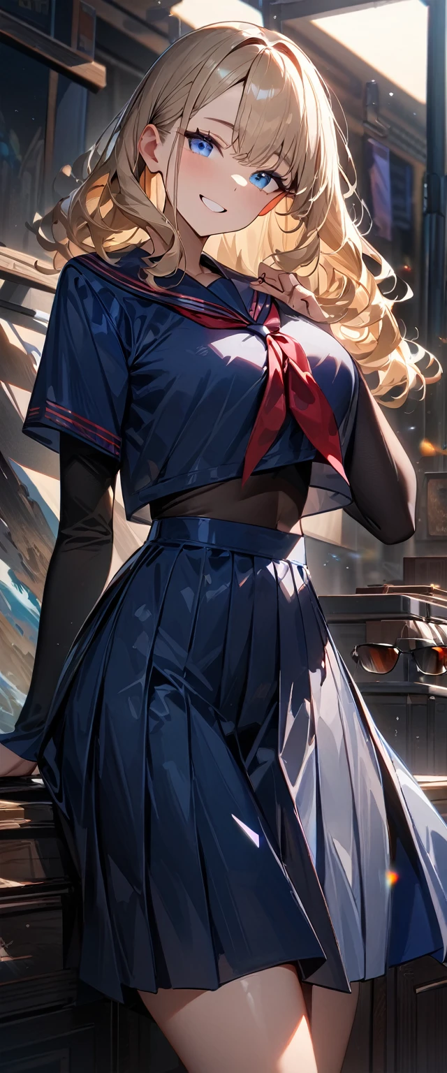 (((One girl))), ((beach)), noon, blond hair, Wavy Hair, bob cut, breasts, from front, (cowboy shot), standard body, (looking at viewer), ((dark blue serafuku out of skirt)), dark blue skirt, ((red ribbon)), ((sunglasses)), hand to sunglasses, ager, head tilt:1.3, (((blue eye))), ((happy smile)), anime style, (best quality, 4k, 8k, highres, masterpiece:1.2, ultra-detailed, ultra-detailed eyes, HDR, UHD, studio lighting, ultra-fine painting, sharp focus, physically-based rendering, extreme detail description, professional, vivid colors, bokeh), ((Highest quality, Best image quality, Ultra-high resolution, Ultra-high resolution, solo, Strong eye highlights)), Depth of written boundary, Natural soft light, attractive, Beautiful Face, Cleanliness, Pure Face, nedium chest, Beautiful Face, Perfect Fingers, Perfect hands, Perfect body, Perfect Face, Shine a light into your eyes, Perfect Anatomy