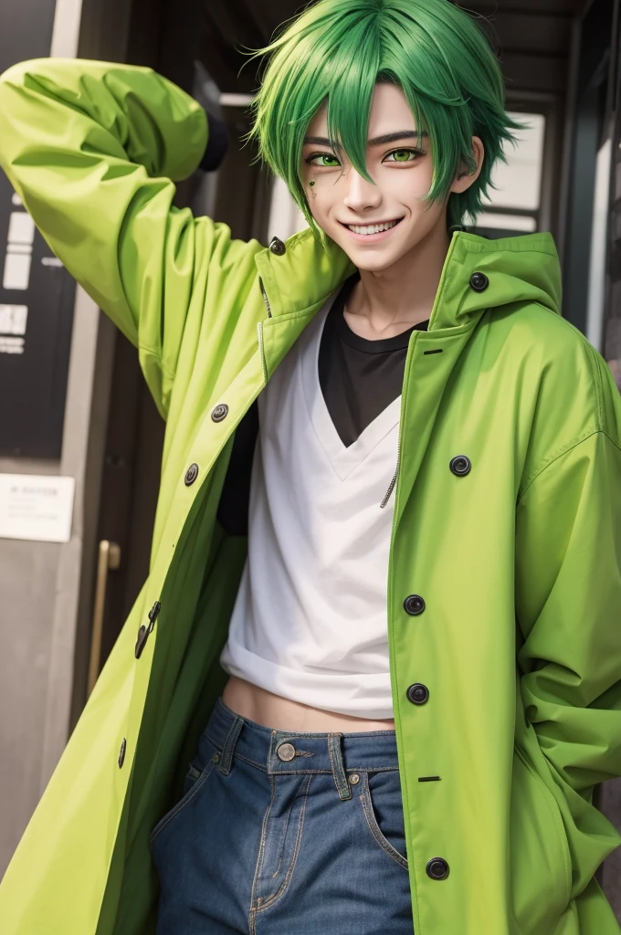 An anime boy with green hair,one eye green and the other yellow,green coat,Grinning