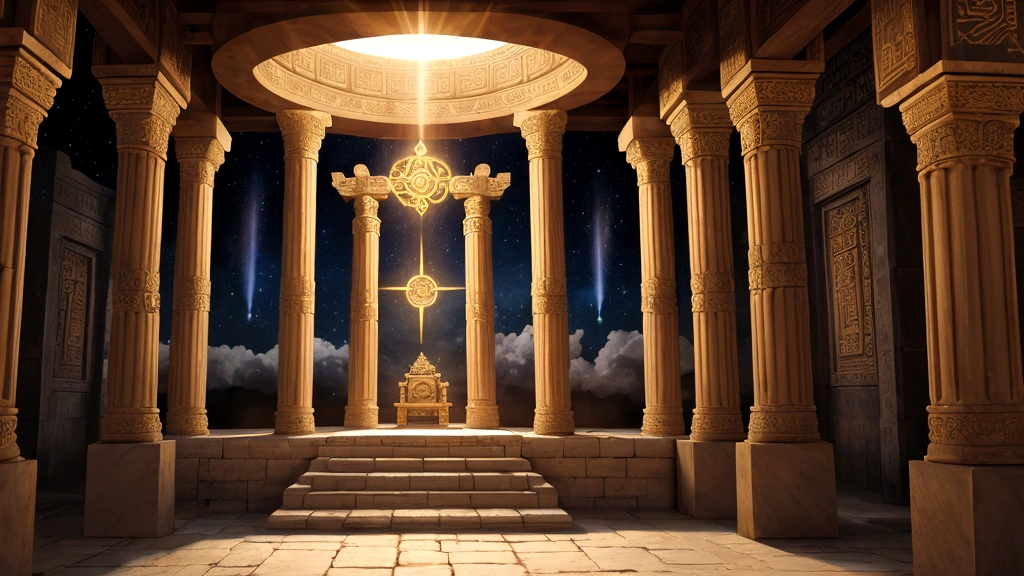 "An ancient temple courtyard adorned with intricate carvings and celestial motifs, depicting Heaven as God's eternal sanctuary. In the center, a grand throne rises, adorned with jewels and symbols of divine authority. Pillars of clouds and light frame the scene, symbolizing the heavenly realm as described in Isaiah. Figures of prophets and angelic beings gather in reverence, illustrating the Old Testament's portrayal of Heaven as the dwelling place of God's glory and sovereignty."