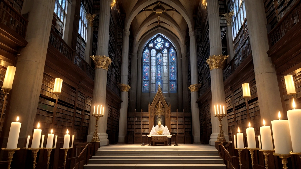  "A scroll unfurled in a sacred library, illuminated by the flickering glow of candlelight. The scroll bears calligraphic texts and symbolic illustrations depicting Isaiah 66:1. The imagery includes celestial thrones and earthly footstools, illustrating the Old Testament's theological reflections on God's dominion over Heaven and earth. The ambiance of the library reflects scholarly contemplation and reverence for the transcendent nature of Heaven described in biblical texts."