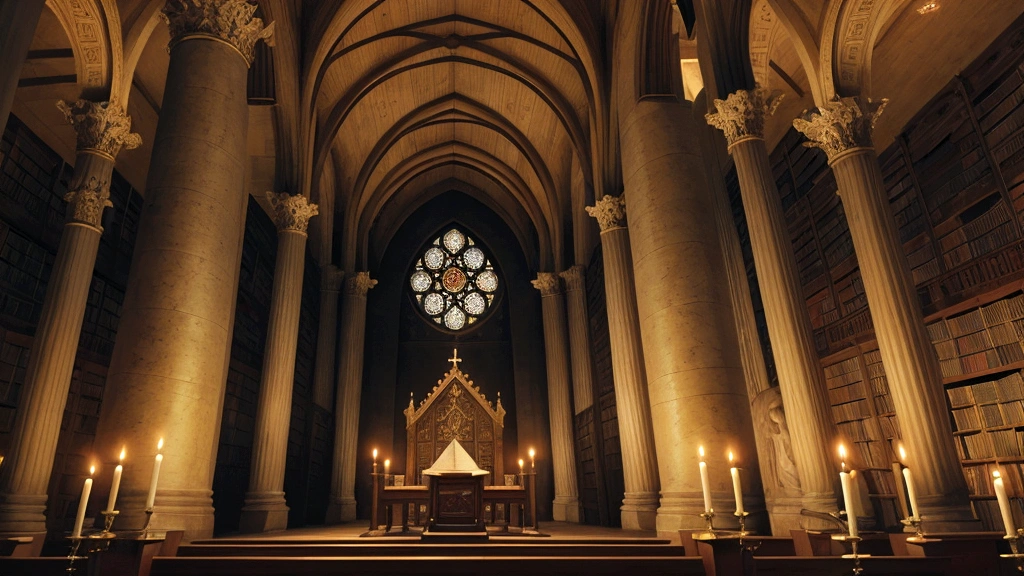 "A scroll unfurled in a sacred library, illuminated by the flickering glow of candlelight. The scroll bears calligraphic texts and symbolic illustrations depicting Isaiah 66:1. The imagery includes celestial thrones and earthly footstools, illustrating the Old Testament's theological reflections on God's dominion over Heaven and earth. The ambiance of the library reflects scholarly contemplation and reverence for the transcendent nature of Heaven described in biblical texts."