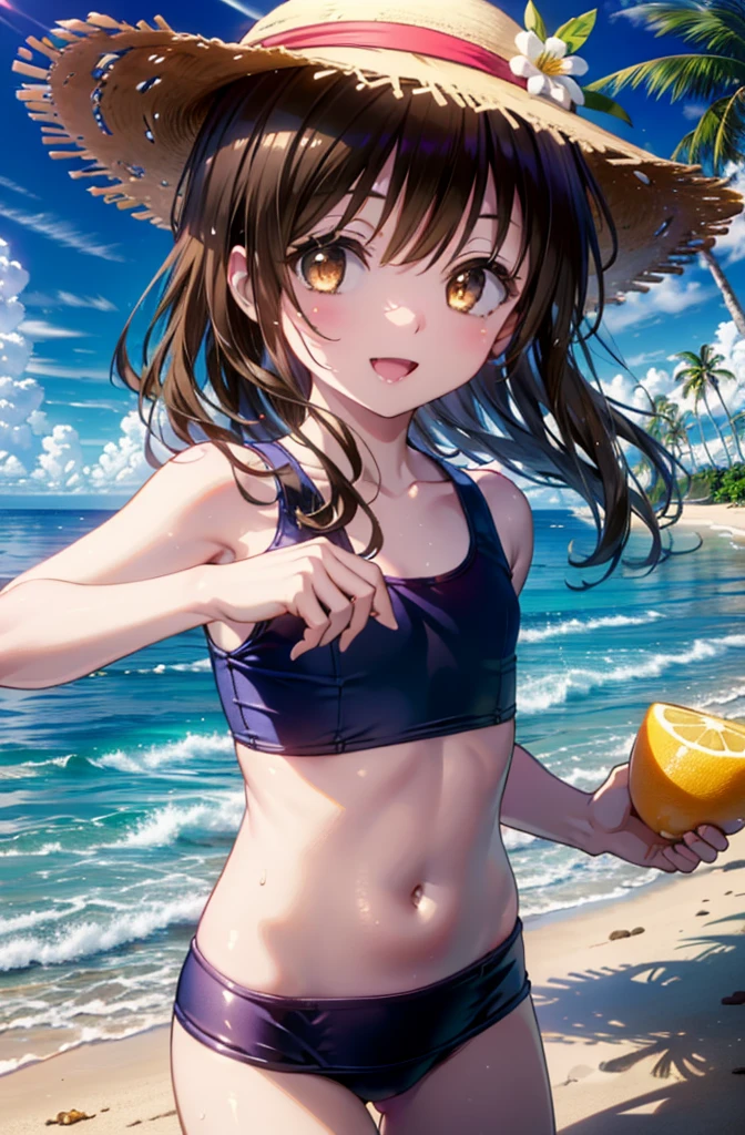 Follow Us, Yuki mandarin orange, (Brown eyes:1.5), Brown Hair, hair ornaments, hair scrunchie, Long Hair, (Flat Chest:1.2),happy smile, smile, Open your mouth,
Open your mouth,School Swimsuit,Straw hat,Holding a swim ring in both hands,True Summer,Palm tree,Are standing　　　　　　　　　　　　　　　　　break looking at viewer, whole body, 　　　　　　　　break outdoors, Sandy Beach,Beach,　　　　　　　　　　 break (masterpiece:1.2), Highest quality, High resolution, unity 8k wallpaper, (shape:0.8), (Beautiful and beautiful eyes:1.6), Highly detailed face, Perfect lighting, Extremely detailed CG, (Perfect hands, Perfect Anatomy),