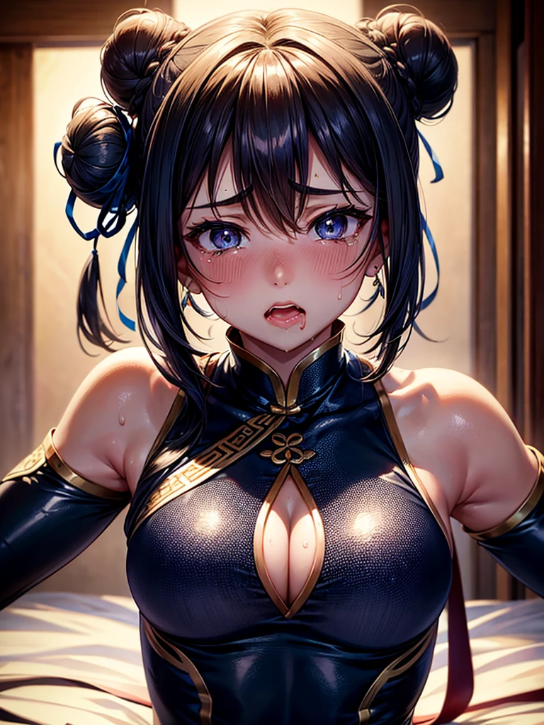 Highest Resolution,Highest quality,A beautiful girl in a Chinese leotard crying,Bun Hair,Dark bedroom,Tears,Open your mouth and drool,whole body,front,Sweat profusely,Beautiful eyes,Lots of saliva,