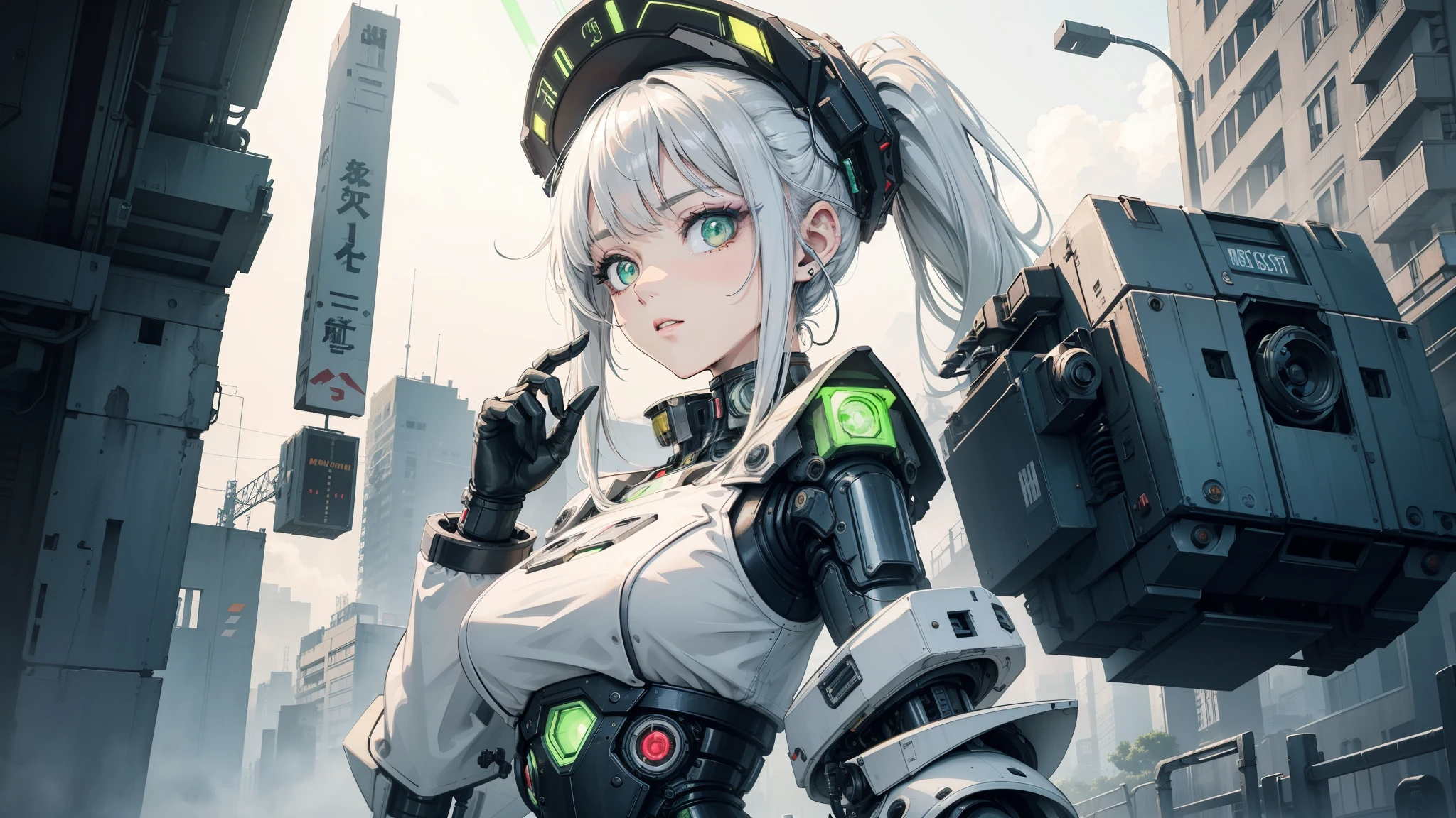 1 Girl, alone, colorful, Green Eyes, cyber punk, Mechanical Scrap Zone, Cityscape, Stud earrings, Long, messy white hair, Mechanical Hat, Mechanical Body, robotic Arm, Mecha, robot, Mechanical Maiden, Neon Light, Beautiful light, Character Focus, CG illustration, Bust Shot, 8K resolution, Very detailed, Anatomically correct, Digital Painting, Concept Art, Clear images