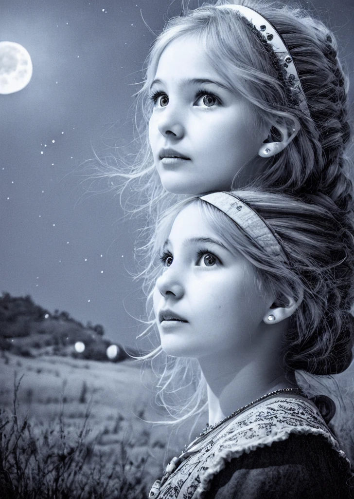 a girl BLONDE CHILD WITH LONG STRAIGHT HAIR, PORTRAIT, CLOSE UP, a blue moon lamp on a stand, bright big moon, blue moon light, moon light, moon, moon shine, hante, with blue light inside, full moon lighting, made of bright wax and ceramic, moon lighting, floating under moonlight at night, blue moon, big moon detailed, beautiful moonlight, moon backlight, big moon