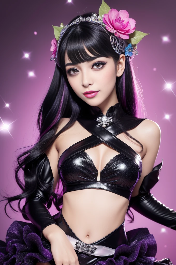 Sexy Spanish model who controls poison、beautiful smile、lipgloss、long lashes、gothic makeup、defined eyebrows、look at the camera、full body Esbian、、sparkling poisoned flower costume、、、、sparkling Colorful hair、secrete poison、skull hair accessories schnet tights、shiny sparkling flowers background