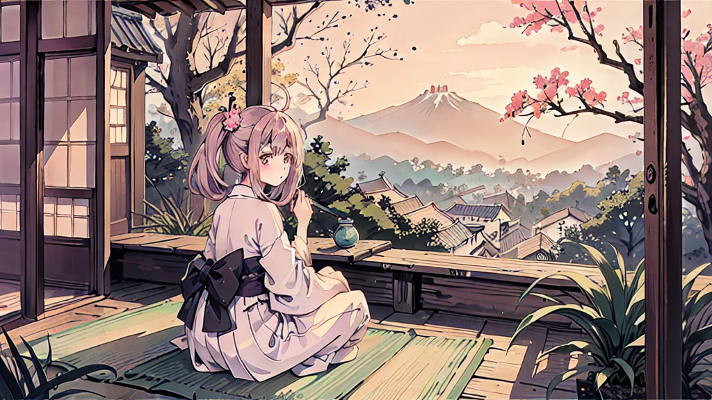 A anime character sitting in the terasse of an old japanese house, the view of her garden. summer ambient vibes. The colors are soft and pastel, with soft lighting and a nostalgic ambiance, Lo-Fi, school girl , cute girl, side view, wide view, japanese beauty, beutiful girl.