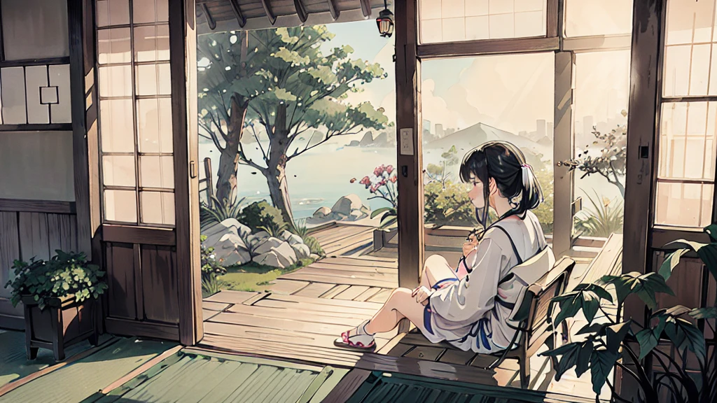 A anime character sitting in the terasse of an old japanese house, the view of her garden. summer ambient vibes. The colors are soft and pastel, with soft lighting and a nostalgic ambiance, Lo-Fi, school girl , cute girl, side view, wide view, japanese beauty, beutiful girl.