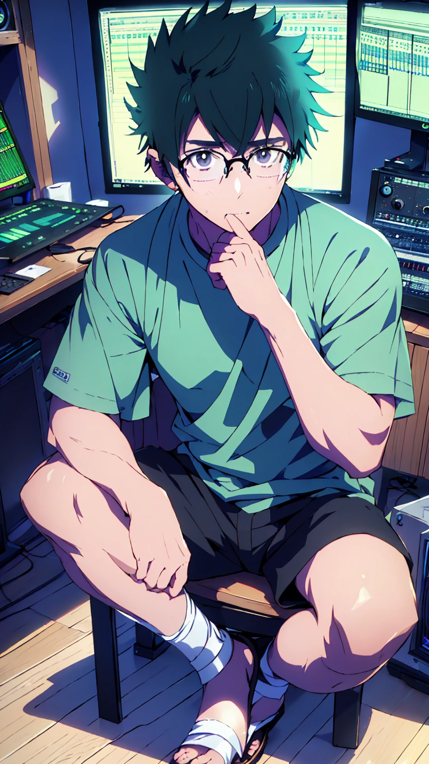 ((Highest quality)), ((masterpiece)), (detailed), Highest quality、High resolution、8K、Wearing a green shirt、Wearing black sandals、Accurate2本の腕と手と足、Accurate5Finger、One adult male、33 years old、Dark Eyes、((Black Hair))、Japanese anime-like style、超High resolutionかわいい萌えアニメ8k、handsome face manly、Short Hair、Slender and muscular、Glasses、Sitting in front of a computer in a music studio room analyzing a DAW