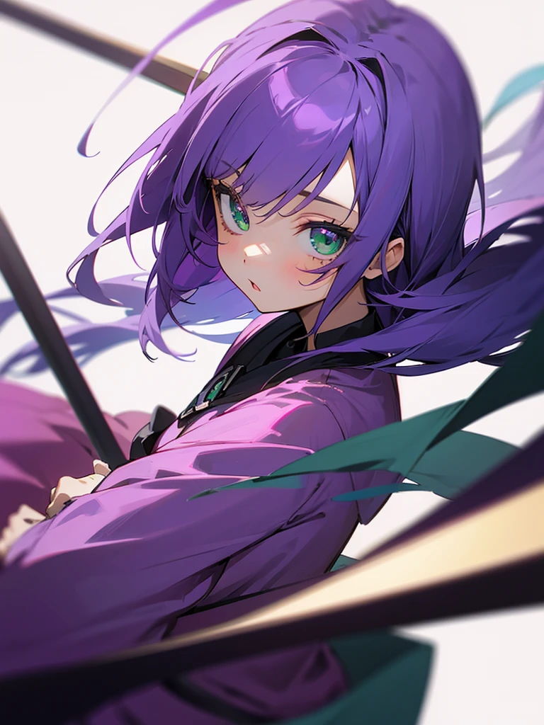 1 girl, purple hair, green eyes, anime style, very cute, high image quality 