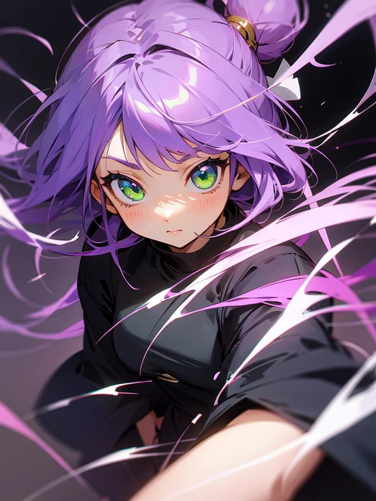 1 girl, purple hair, green eyes, anime style, very cute, high image quality