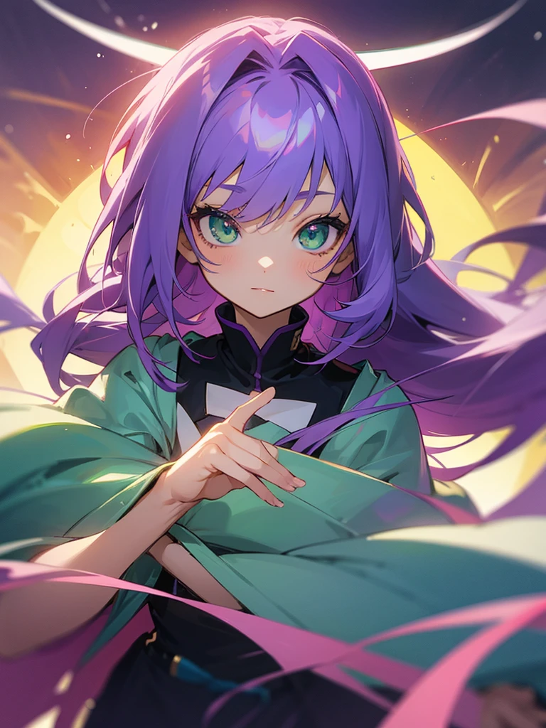 1 girl, purple hair, green eyes, anime style, very cute, high image quality