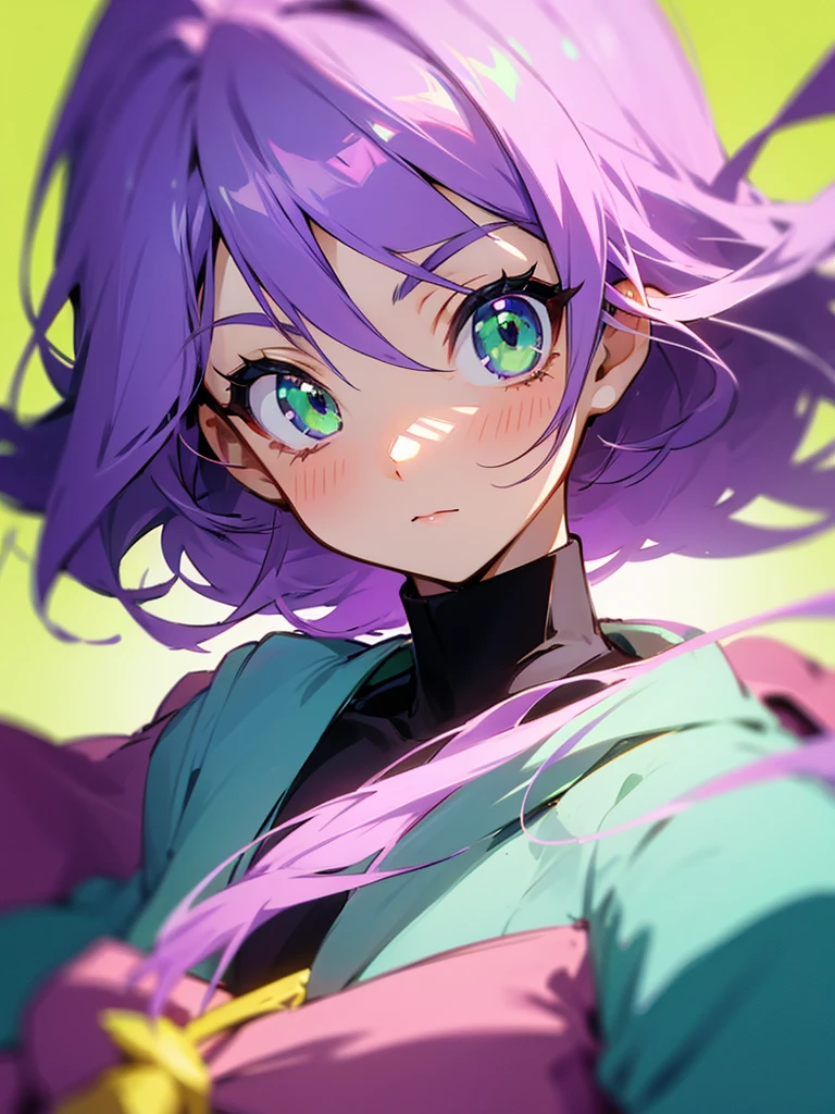 1 girl, purple hair, green eyes, anime style, very cute, high image quality 
