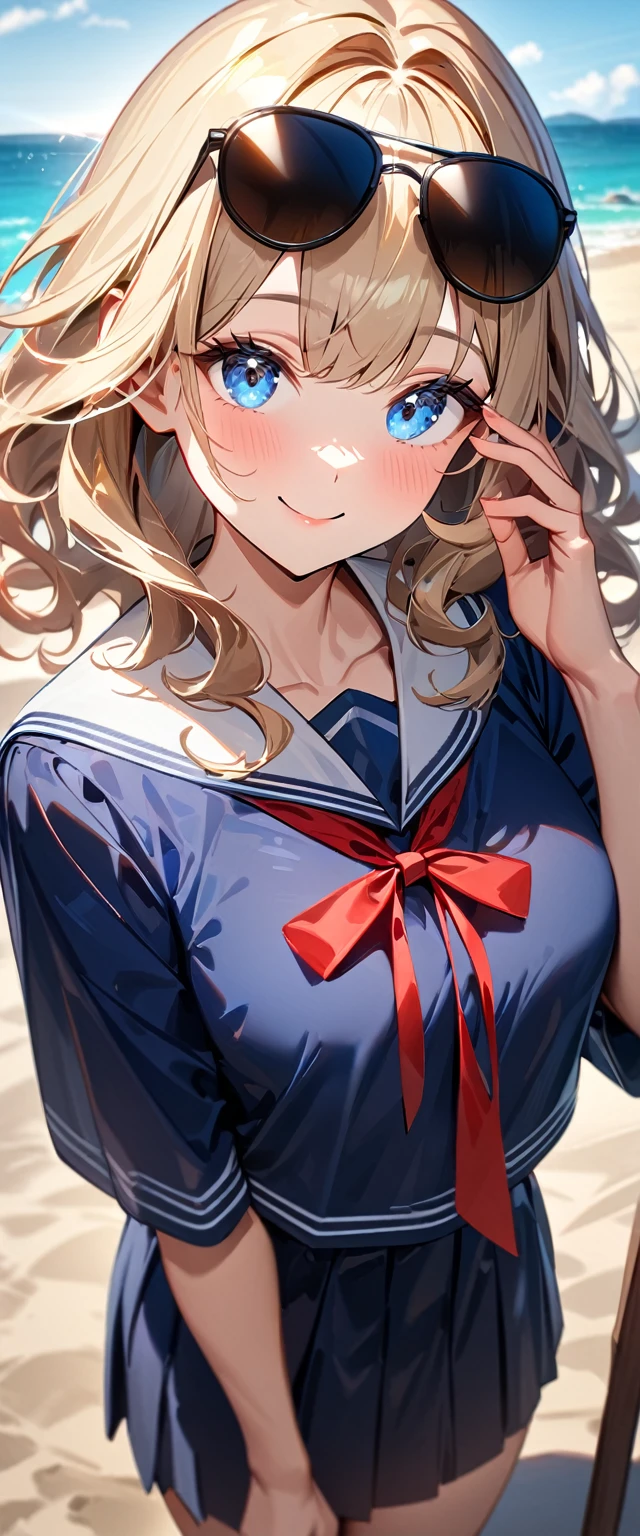 (((One girl))), ((beach)), noon, blond hair, Wavy Hair, bob cut, breasts, from front, (cowboy shot), standard body, (looking at viewer), ((dark blue serafuku out of skirt)), dark blue skirt, ((red ribbon)), ((sunglasses)), hand to sunglasses, teenager, head tilt:1.3, (((blue eye))), ((happy smile)), anime style, (best quality, 4k, 8k, highres, masterpiece:1.2, ultra-detailed, ultra-detailed eyes, HDR, UHD, studio lighting, ultra-fine painting, sharp focus, physically-based rendering, extreme detail description, professional, vivid colors, bokeh), ((Highest quality, Best image quality, Ultra-high resolution, Ultra-high resolution, solo, Strong eye highlights)), Depth of written boundary, Natural soft light, attractive, Beautiful Face, Cleanliness, Pure Face, nedium chest, Beautiful Face, Perfect Fingers, Perfect hands, Perfect body, Perfect Face, Shine a light into your eyes, Perfect Anatomy