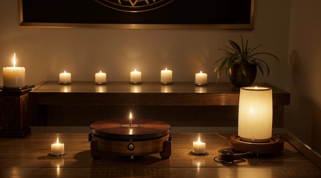 A stunning cinematic shot of a quiet, dimly lit room with soft, soothing colors. Delicate candles are placed on a wooden table, casting a warm glow over various musical instruments such as the flute and tambourine. A beautifully crafted vinyl record from: " Mind Calm Records", " Deep Relaxation and Meditation" is spinning gently on a vintage record player. The overall atmosphere of the image evokes a sense of serenity, mindfulness and spiritual connection.