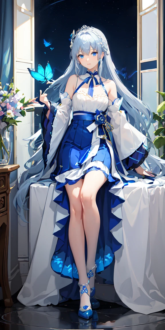 (俯瞰figure),Dynamic Angle,Super detailed, figure, close, Straight, One girl, (Fantasy:1.4), (blue eyes:1.233),Her eyes shone like dream-like stars,(Glowing Eyes:1.233),(Beautiful and detailed:1.1),(Silver Hair:1.14),(Messy Hair,Very long hair,French Braid,Hair between the eyes,Side Lock), (+(Blue Hair Flower:1.14)),(Chiffon dress,blue floral pattern on uniform)/=(uniform:1.24),(Removable sleeves,Wide sleeves),(Fingerless gloves),choker,(Shrine Maiden Knee Socks),High heel boots,(Expressionless,Mouth closed),(Are standing), (In the white ancient palace、Classic princess bedroom with dressing table and French windows),(White flower,bloom),(Deep Sea),(water flowing),(Dull Blue World Tree:1.14),(Remains),(night:1.2),dream-like,soul,(fluorescence),(Flying translucent blue butterfly:1.15), [[Delicate fingers and hands:0.55]::0.85],(Finger details),(Soup packets:0.5),