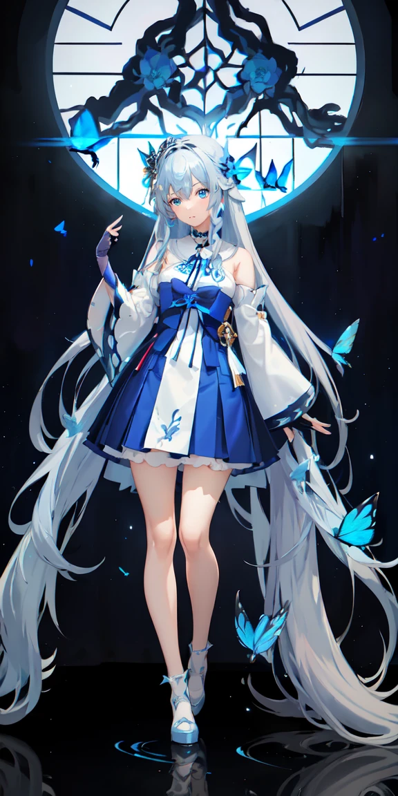 (俯瞰figure),Dynamic Angle,Super detailed, figure, close, Straight, One girl, (Fantasy:1.4), (blue eyes:1.233),Her eyes shone like dream-like stars,(Glowing Eyes:1.233),(Beautiful and detailed:1.1),(Silver Hair:1.14),(Messy Hair,Very long hair,French Braid,Hair between the eyes,Side Lock), (+(Blue Hair Flower:1.14)),(Chiffon dress,blue floral pattern on uniform)/=(uniform:1.24),(Removable sleeves,Wide sleeves),(Fingerless gloves),choker,(Shrine Maiden Knee Socks),High heel boots,(Expressionless,Mouth closed),(Are standing), (In the white ancient palace、Classic princess bedroom with dressing table and French windows),(White flower,bloom),(Deep Sea),(water flowing),(Dull Blue World Tree:1.14),(Remains),(night:1.2),dream-like,soul,(fluorescence),(Flying translucent blue butterfly:1.15), [[Delicate fingers and hands:0.55]::0.85],(Finger details),(Soup packets:0.5),