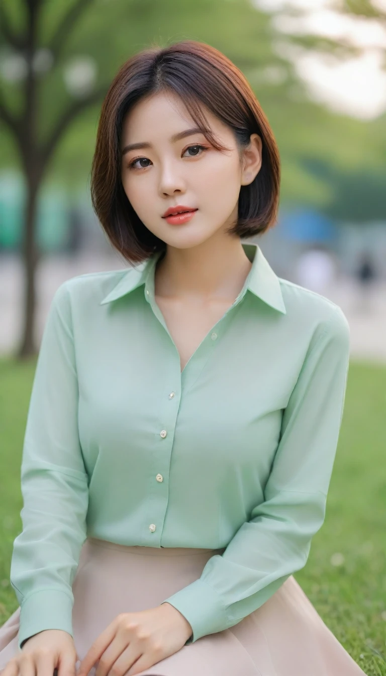 Close up of beautiful Korean woman, Short hair, Chest size 34 inches, wear a long-sleeved shirt, skirt, in the office, bokeh background, sitting on the green grass in the park. Uh