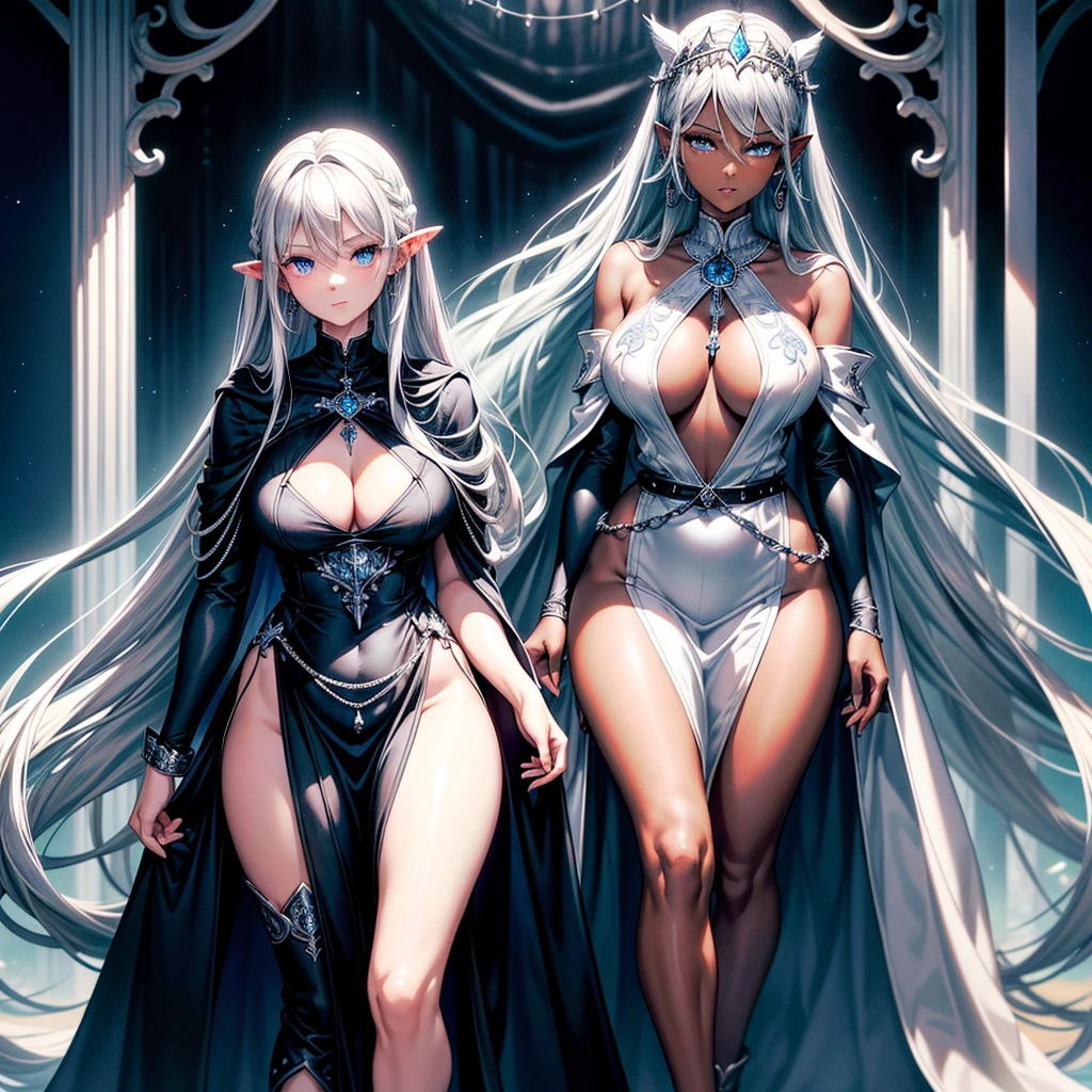 A beautiful dark-skinned woman (full body portrait), long wavy silver-white hair, (detailed blue eyes), (beautiful detailed face),( simmetric face) pointed ears with silver earrings, (perfect attractive body)(large breasts), (wide hips), (thick thighs) wearing a (high-collared) low-cut dress (black in color) that reaches mid-thigh, long black cape (connected at the front with a silver chain) (a blue diamond hung from a long silver chain around the neck), black high-heeled boots up to the knee, an (intricate) silver belt around the waist, a (medium-sized) silver sword decorated with precious stones hanging from the belt, in the background a field full of blue flowers, (in the background a dense forest of tall white-trunked trees with red foliage)(reaslistic anime style)(hight cuality image).