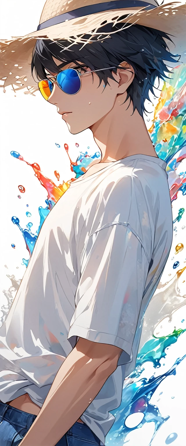 Oriental beautiful boy，sideways，Looking over the shoulder，White transparent real-life painting，Colorful water splash rendering，Facial texture is clear，Sun hat，loose white shirt，Blue distressed denim shorts，sunglasses，White sand background，messy strokes.Close-up of character( Perfect anatomical structure ) Beautiful and extremely fine texture，detailed, bright, Animation style high definition and high quality presentation
