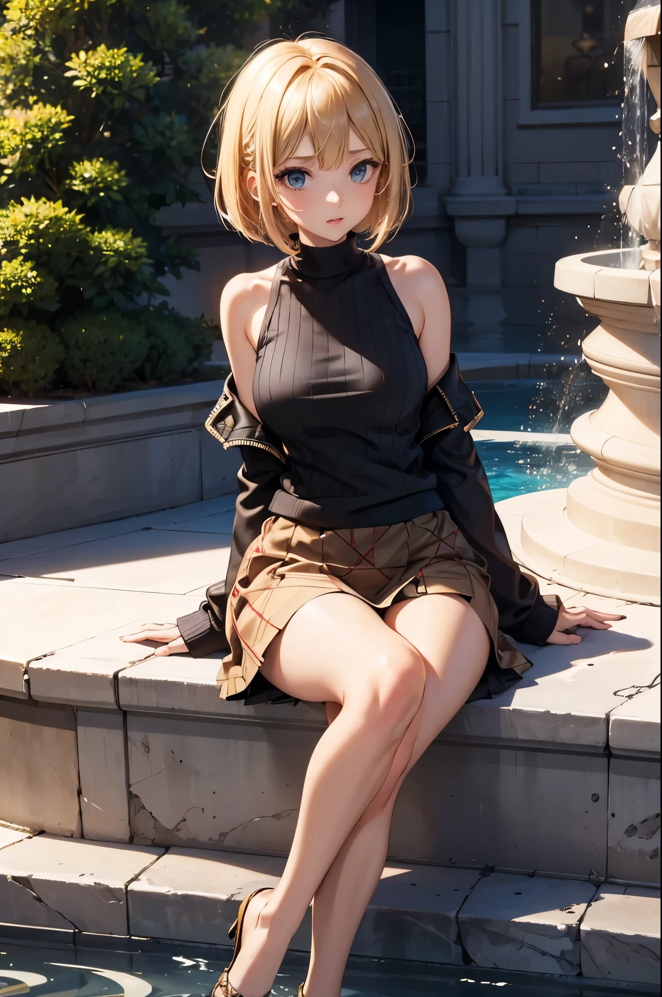 best quality, super fine, 16k, incredibly absurdres, extremely, cute European Caucasian woman, 24 years old, captivating look, aroused expression, blonde long bob cut, wearing Burberry checked skirt, black panties, black tank top sweater with braided pattern, superlative body proportion, sitting in fountain plaza