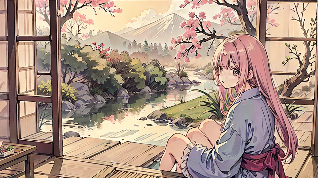 A anime character sitting in the terasse of an old japanese house, the view of her garden. summer ambient vibes. The colors are soft and pastel, with soft lighting and a nostalgic ambiance, Lo-Fi, school girl , cute girl, side view, wide view, japanese beauty, beutiful girl.