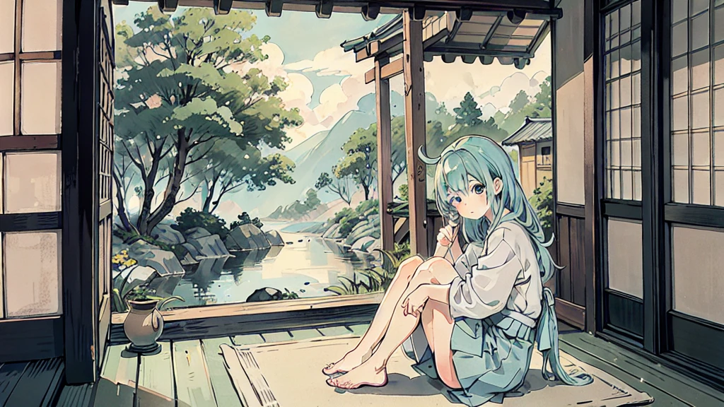 A anime character sitting in the terasse of an old japanese house, the view of her garden. summer ambient vibes. The colors are soft and pastel, with soft lighting and a nostalgic ambiance, Lo-Fi, school girl , cute girl, side view, wide view, japanese beauty, beutiful girl.