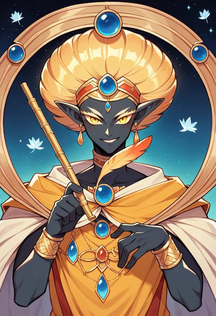 Dark blue or black skin (representing the cosmic sky or the infinite)
- Beautiful, radiant face with a gentle smile
- Large, lotus-like eyes (symbolizing spiritual growth and enlightenment)
- Adorned with a crown or a peacock feather (signifying his divine status)
- Wears a yellow or golden dhoti (traditional Indian garment)
- Holds a flute (murli) in his right hand, symbolizing his connection to music and joy
- Holds a conch shell (shankha) in his left hand, representing his power and wisdom