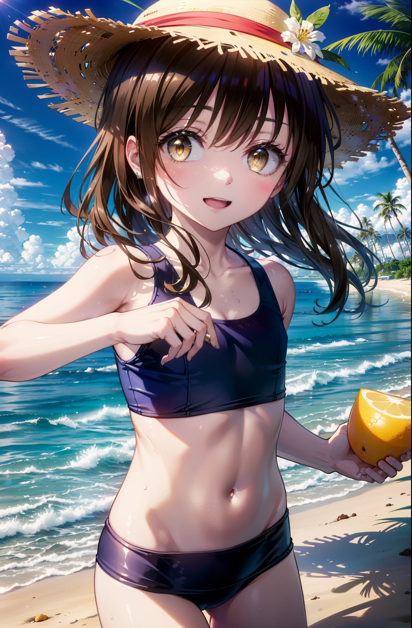 Follow Us, Yuki mandarin orange, (Brown eyes:1.5), Brown Hair, hair ornaments, hair scrunchie, Long Hair, (Flat Chest:1.2),happy smile, smile, Open your mouth,
Open your mouth,School Swimsuit,Straw hat,Holding a swim ring in both hands,True Summer,Palm tree,Are standing break looking at viewer, whole body, break outdoors, Sandy Beach,Beach, break (masterpiece:1.2), Highest quality, High resolution, unity 8k wallpaper, (shape:0.8), (Beautiful and beautiful eyes:1.6), Highly detailed face, Perfect lighting, Extremely detailed CG, (Perfect hands, Perfect Anatomy),