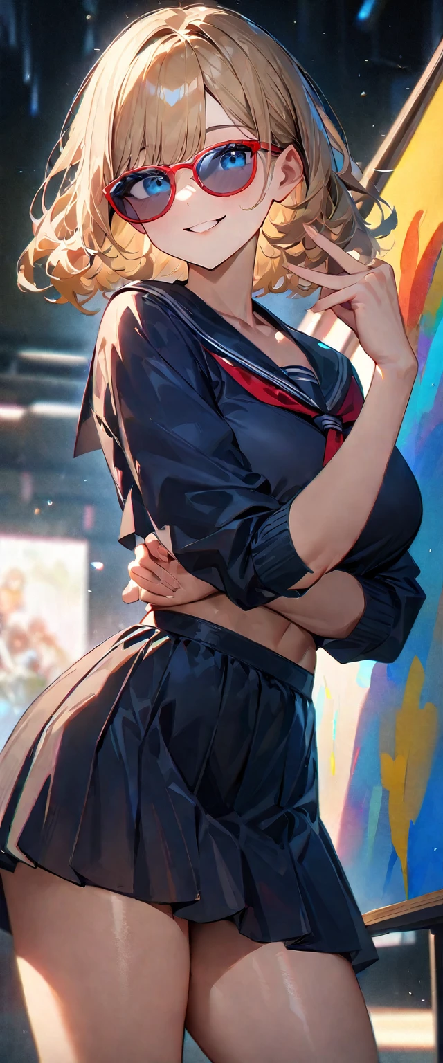 (((One girl))), ((beach)), noon, blond hair, Wavy Hair, bob cut, breasts, from front, (cowboy shot), standard body, (looking at viewer), ((dark blue serafuku out of skirt)), dark blue skirt, ((red ribbon)), ((sunglasses)), hand to sunglasses, ager, head tilt:1.3, (((blue eye))), ((happy smile)), anime style, (best quality, 4k, 8k, highres, masterpiece:1.2, ultra-detailed, ultra-detailed eyes, HDR, UHD, studio lighting, ultra-fine painting, sharp focus, physically-based rendering, extreme detail description, professional, vivid colors, bokeh), ((Highest quality, Best image quality, Ultra-high resolution, Ultra-high resolution, solo, Strong eye highlights)), Depth of written boundary, Natural soft light, attractive, Beautiful Face, Cleanliness, Pure Face, nedium chest, Beautiful Face, Perfect Fingers, Perfect hands, Perfect body, Perfect Face, Shine a light into your eyes, Perfect Anatomy