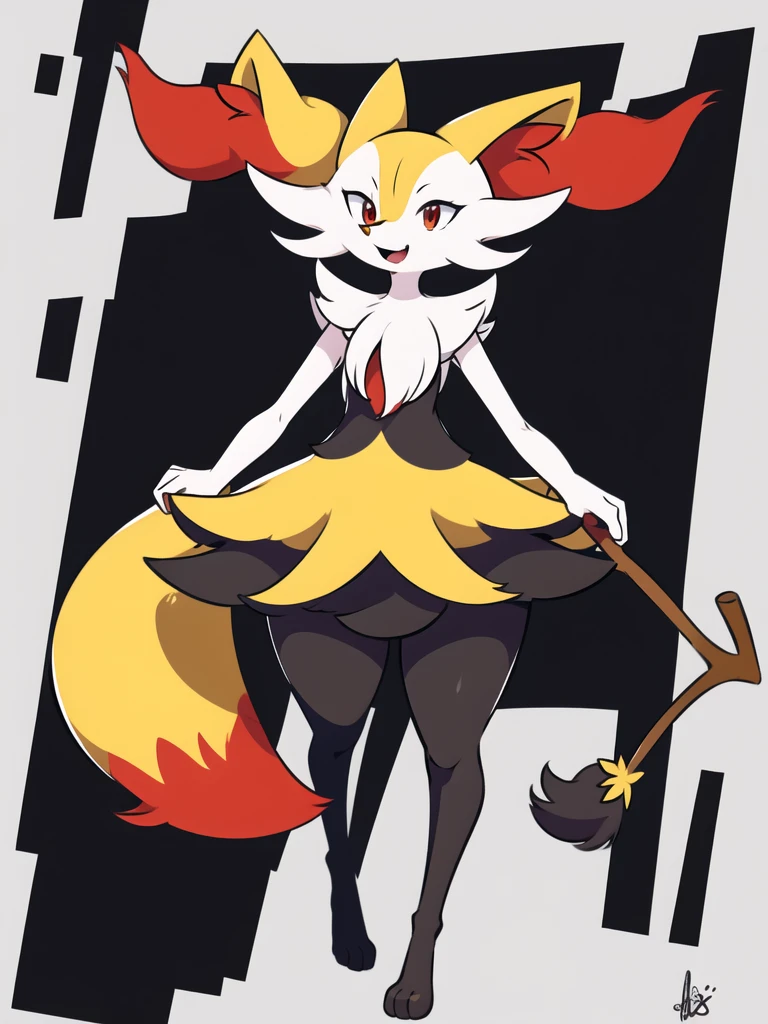 1girl, solo, looking at viewer, smile, open mouth, simple background, red eyes, white background, holding, animal ears, standing, tail, full body, fang, hand up, signature, flat chest, animal ear fluff, fox ears, pokemon (creature), fox tail, happy, fox girl, furry, skin fang, furry female, body fur, white fur, animal nose, snout, stick, yellow fur, black fur, holding stick, digitigrade, multicolored fur , braixen, 8K, masterpiece, beautiful