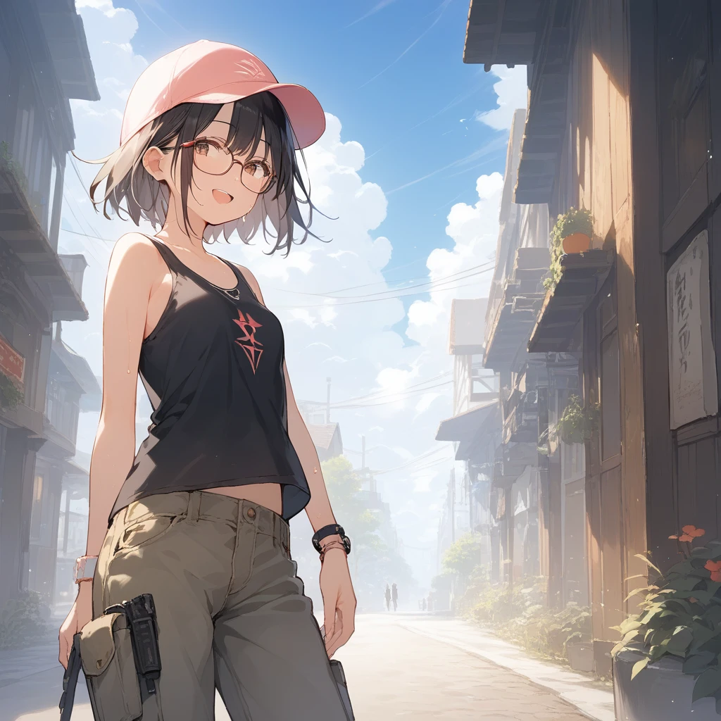 score_9, score_8_up, score_7_up, source_anime, best quality, masterpiece, official art, absurdres, highres, ultra-detailed,waifu2x,Collection: Slice of Life,break,1girl, fantasy world, short hair, glasses, small breasts, cap, tank top, cargo pants, sweat, open mouth,smile, outdoors, wind, break,(clear line illustration:1.2),very high resolution, very aesthetic, super detailed skin, Best sexual lighting powered by famous artist, 8k,cute picture,beauty illustration,photoshop_(medium),,(Detailed Lighting),best anime 8k konachan wallpaper, pixiv contest winner,