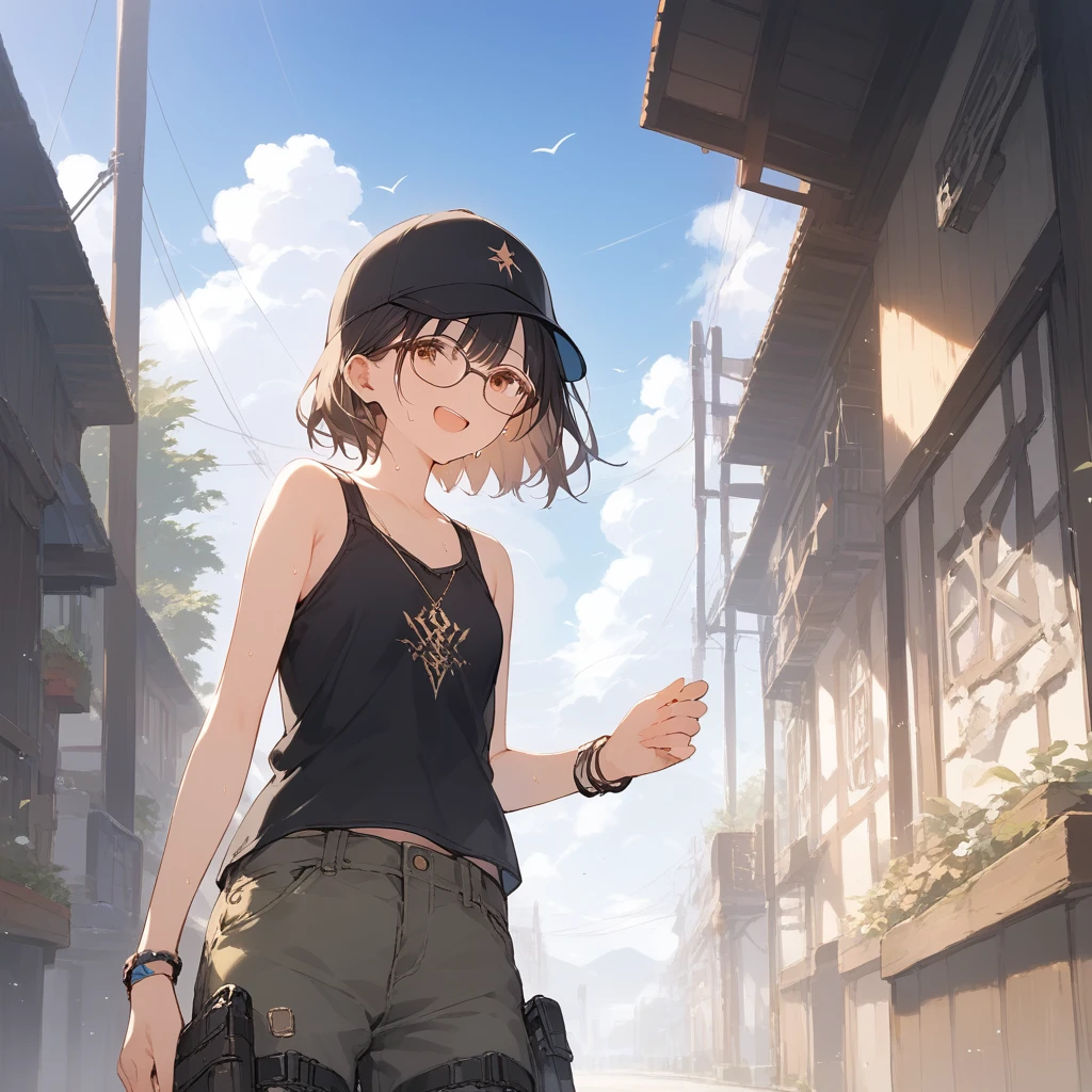 score_9, score_8_up, score_7_up, source_anime, best quality, masterpiece, official art, absurdres, highres, ultra-detailed,waifu2x,Collection: Slice of Life,break,1girl, fantasy world, short hair, glasses, small breasts, cap, tank top, cargo pants, sweat, open mouth,smile, outdoors, wind, break,(clear line illustration:1.2),very high resolution, very aesthetic, super detailed skin, Best sexual lighting powered by famous artist, 8k,cute picture,beauty illustration,photoshop_(medium),,(Detailed Lighting),best anime 8k konachan wallpaper, pixiv contest winner, 