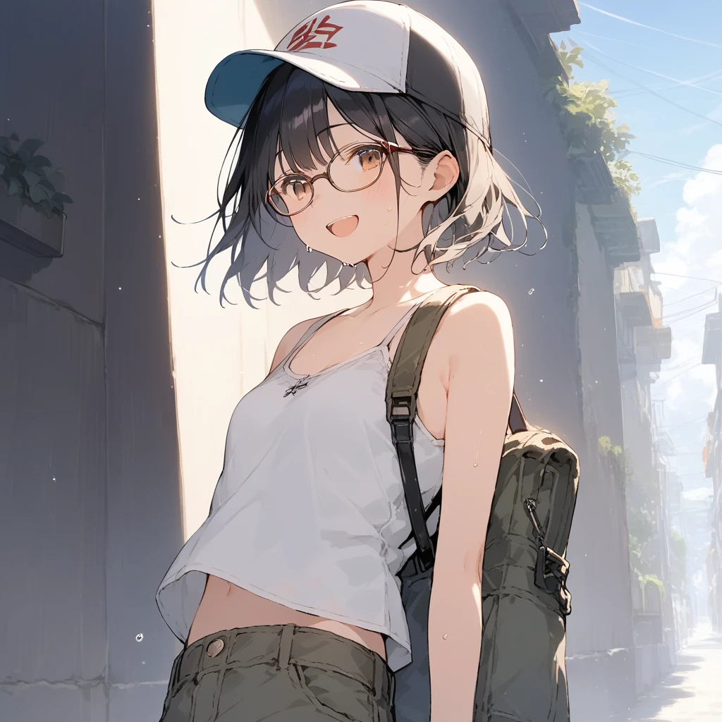 score_9, score_8_up, score_7_up, source_anime, best quality, masterpiece, official art, absurdres, highres, ultra-detailed,waifu2x,Collection: Slice of Life,break,1girl, fantasy world, short hair, glasses, small breasts, cap, tank top, cargo pants, sweat, open mouth,smile, outdoors, wind, break,(clear line illustration:1.2),very high resolution, very aesthetic, super detailed skin, Best sexual lighting powered by famous artist, 8k,cute picture,beauty illustration,photoshop_(medium),,(Detailed Lighting),best anime 8k konachan wallpaper, pixiv contest winner,