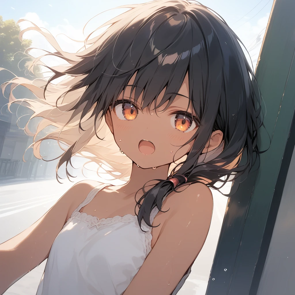 score_9, score_8_up, score_7_up, source_anime, best quality, masterpiece, official art, absurdres, highres, ultra-detailed,waifu2x,Collection: Slice of Life,break,1girl, tomboy, dark-skinned female, short hair, low ponytail, flat chest, beautiful detailed eyes, short shorts, sweat, open mouth, (yawn:0.3), sleepily, outdoors, wind, break,(clear line illustration:1.2),very high resolution, very aesthetic, super detailed skin, Best sexual lighting powered by famous artist, 8k,cute picture,beauty illustration,photoshop_(medium),,(Detailed Lighting),best anime 8k konachan wallpaper, pixiv contest winner, 