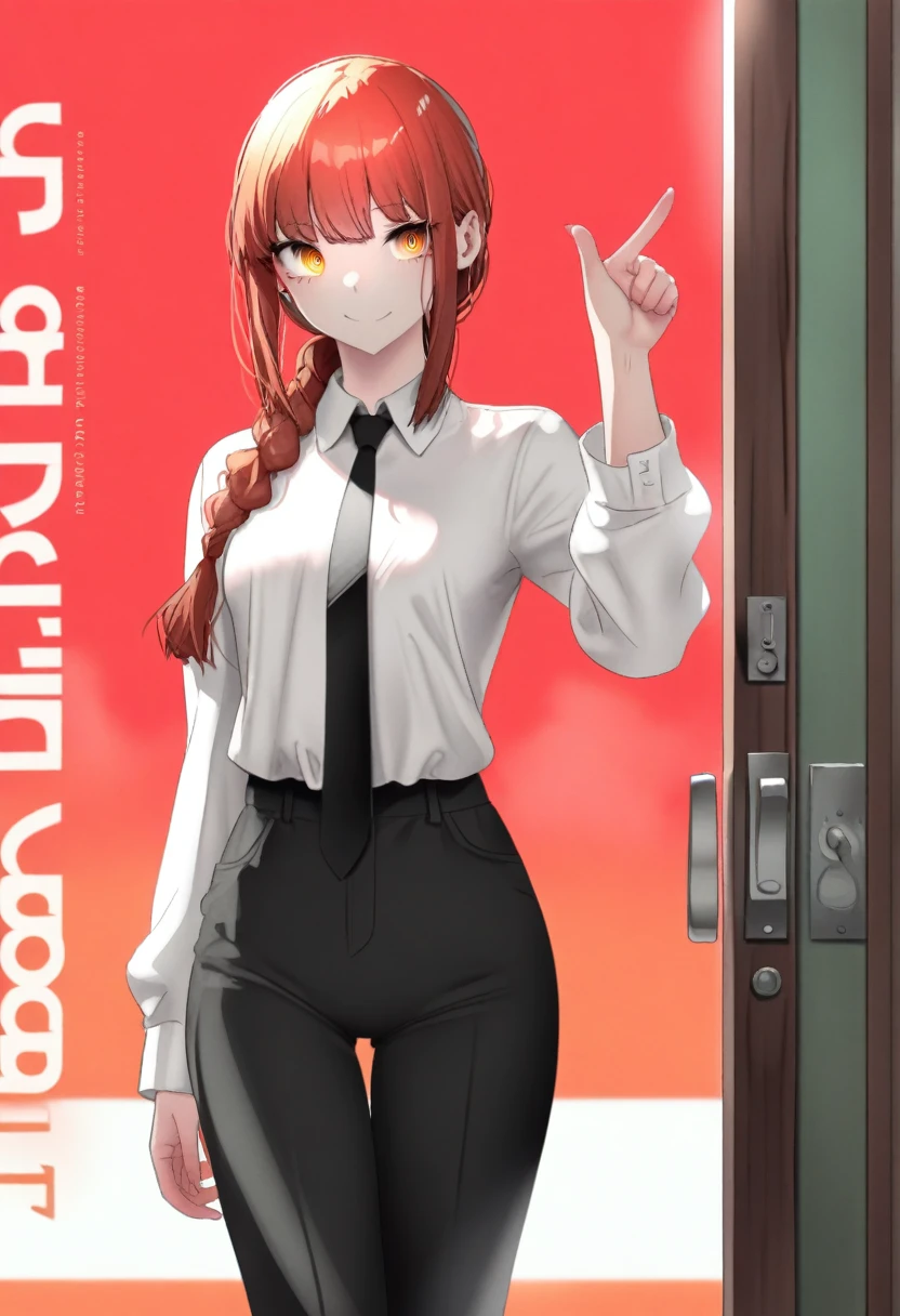 1girl, gweda, tatsuki fujimoto, absurdres, official art, absurdres, chainsaw man, makima \(chainsaw man\), 1girl, artist name, black necktie, black pants, braid, braided ponytail, breasts, closed mouth, collared shirt, copyright name, cover, cover page, dress pants, formal, green background, hand gesture, high-waist pants, long hair, long sleeves, looking at viewer, manga cover, medium breasts, multicolored background, nail, necktie, open door, pants, pointing, pointing at viewer, red background, red eyes, red hair, ringed eyes, shirt, sidelocks, smile, solo, upper body, white shirt, yellow eyes, ((very aesthetic, best quality, ultra detailed)), rating:safe, manga, painterly