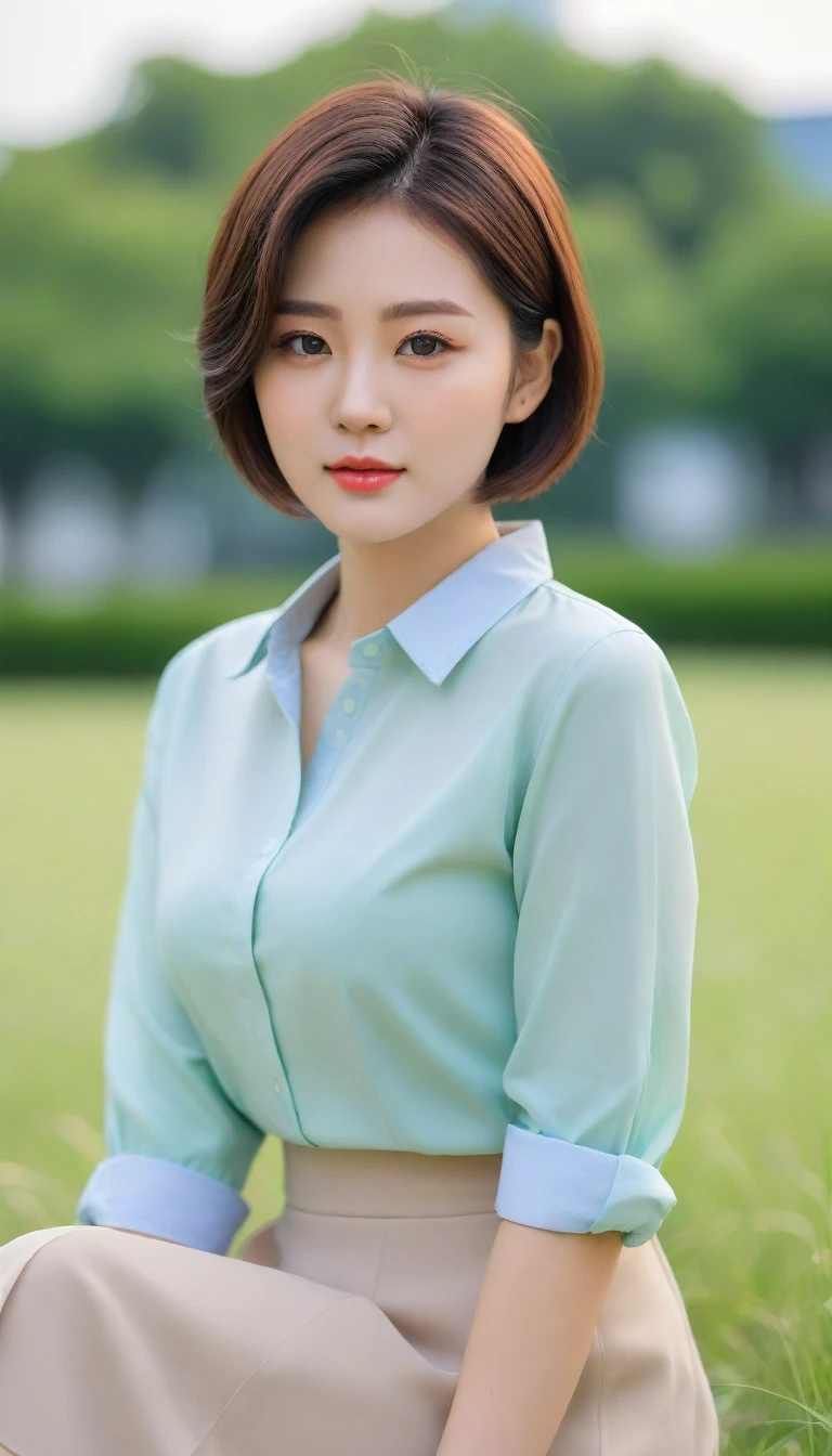Close up of beautiful Korean woman, Short hair, Chest size 34 inches, wear a long-sleeved shirt, skirt, in the office, bokeh background, sitting on the green grass in the park. Uh