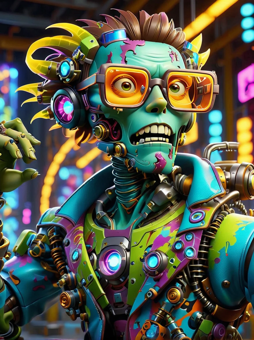 best quality, masterpiece, 3d, Pixar Artwork, Electronic variants, (Cartoon mechanical zombie with big glasses in the factory:1.5),((Glasses focus)),in a dynamic dancing pose within a colorful virtual reality world teeming with neon lights and vibrant holograms, The scene bears the influences of both pop art and graffiti, a truly cyberpunk-inspired ensemble with explosive energy, created using digital painting methods and radiant, glowing effects